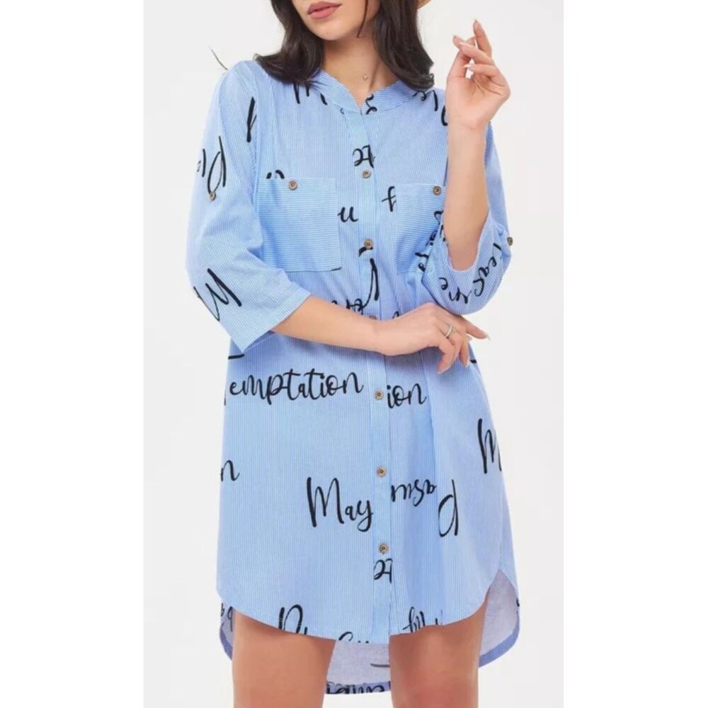 Womens 2XL Blue White Print Cotton House Dress Button Up 3/4 Sleeve Robe Dress